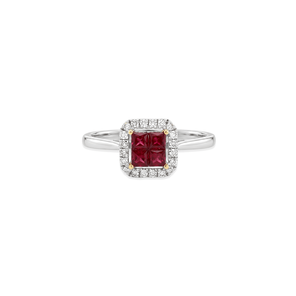 18K White Gold Natural Diamond & Ruby Halo Engagement Ring