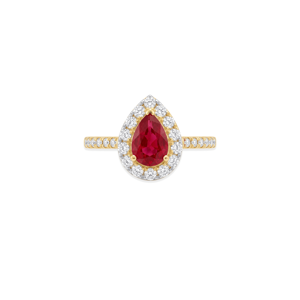 18K Yellow Gold Natural Ruby Halo Radiance Ring with Natural Diamonds