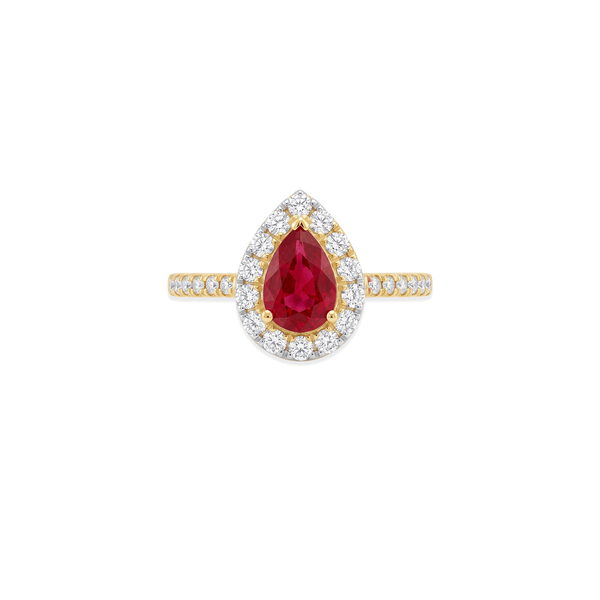 18K Yellow Gold Natural Ruby Halo Radiance Ring with Natural Diamonds