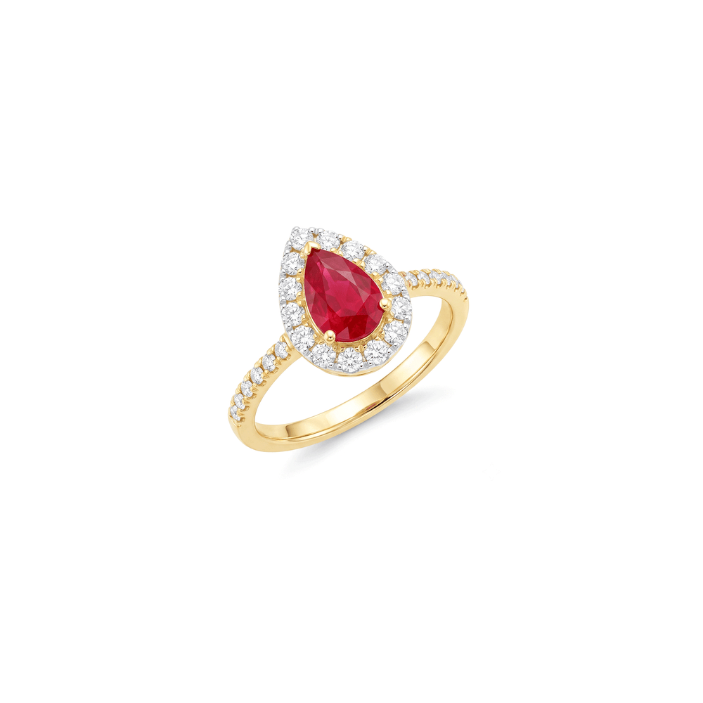 18K Yellow Gold Natural Ruby Halo Radiance Ring with Natural Diamonds