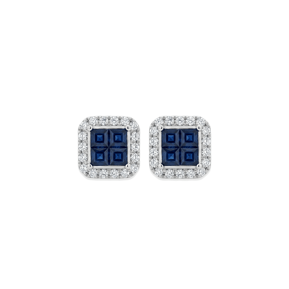18K White Gold Sapphire Quad Brilliance Stud Earrings with Natural Diamonds