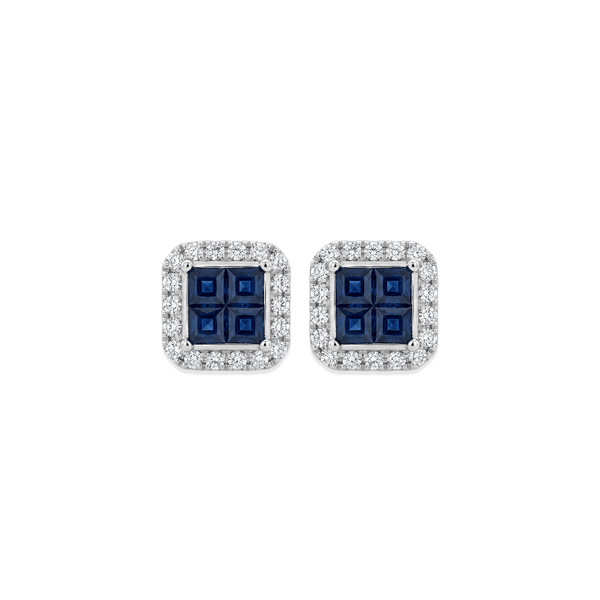 18K White Gold Sapphire Quad Brilliance Stud Earrings with Natural Diamonds