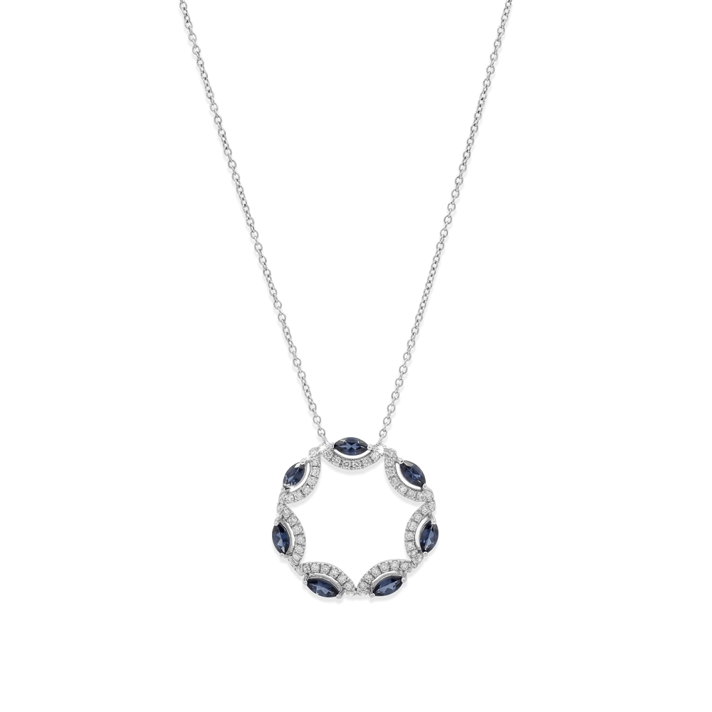 18k White Gold Sapphire Marquise Diamond Halo Pendant