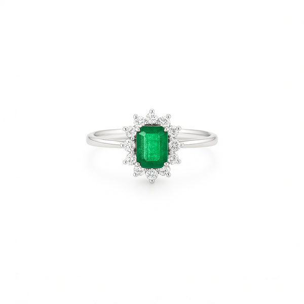 18K White Gold Emerald & Natural Diamond Halo Engagement Ring