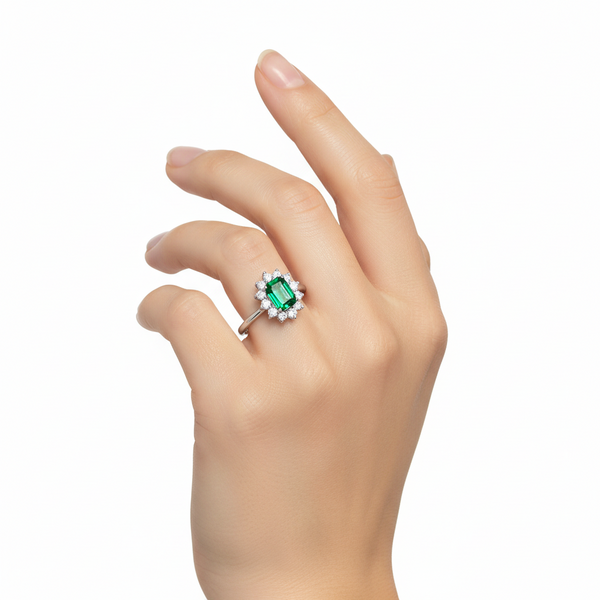 18K White Gold Emerald & Natural Diamond Halo Engagement Ring hover