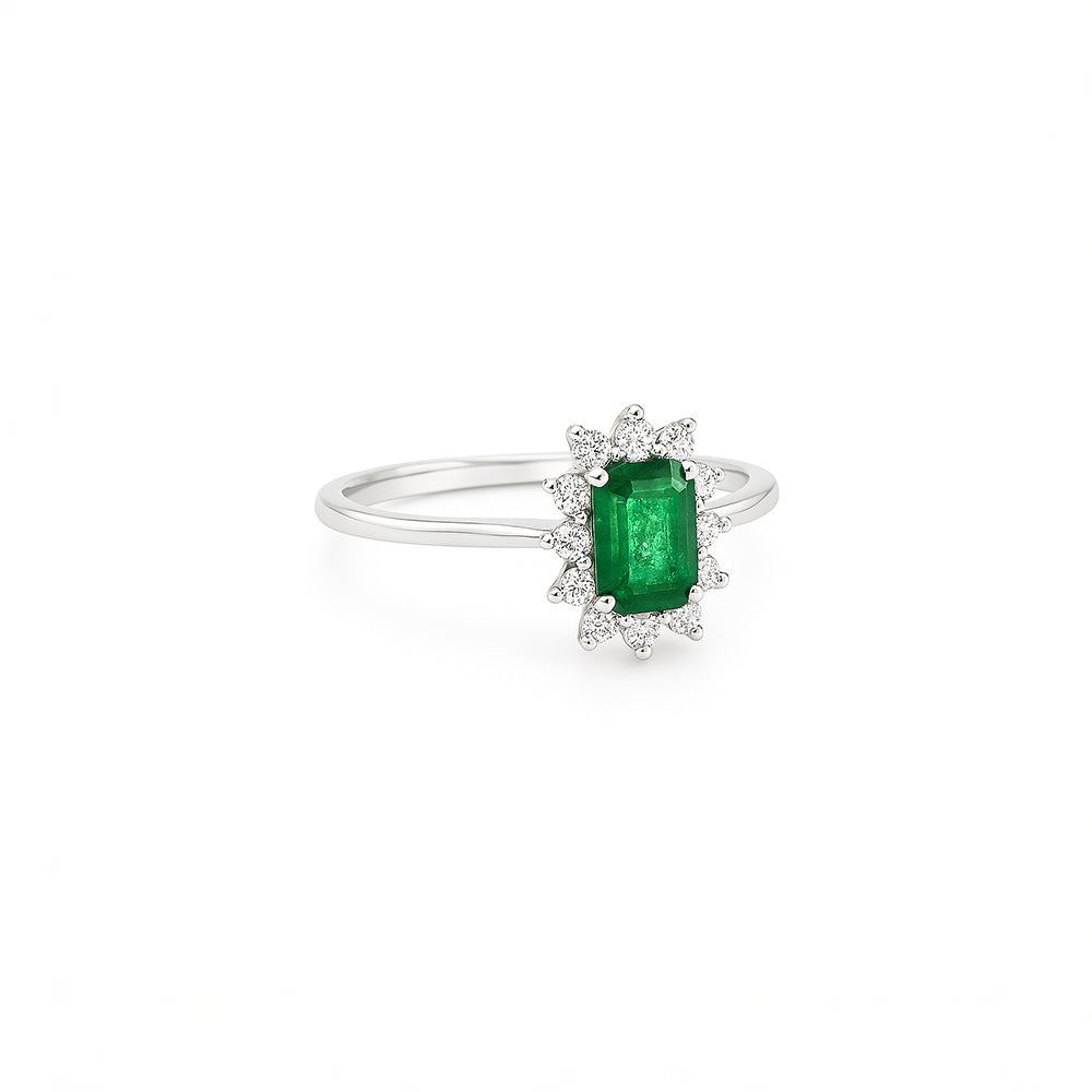 18K White Gold Emerald & Natural Diamond Halo Engagement Ring