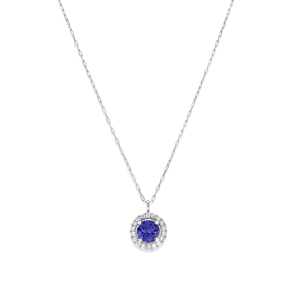 18k White Gold Tanzanite Halo Radiance Pendant with Natural Diamonds