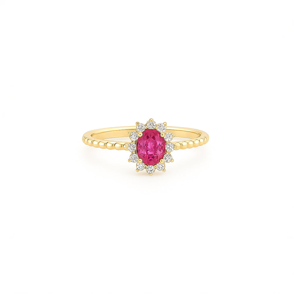 18K Yellow Gold Ruby & Natural Diamond Halo Engagement Ring