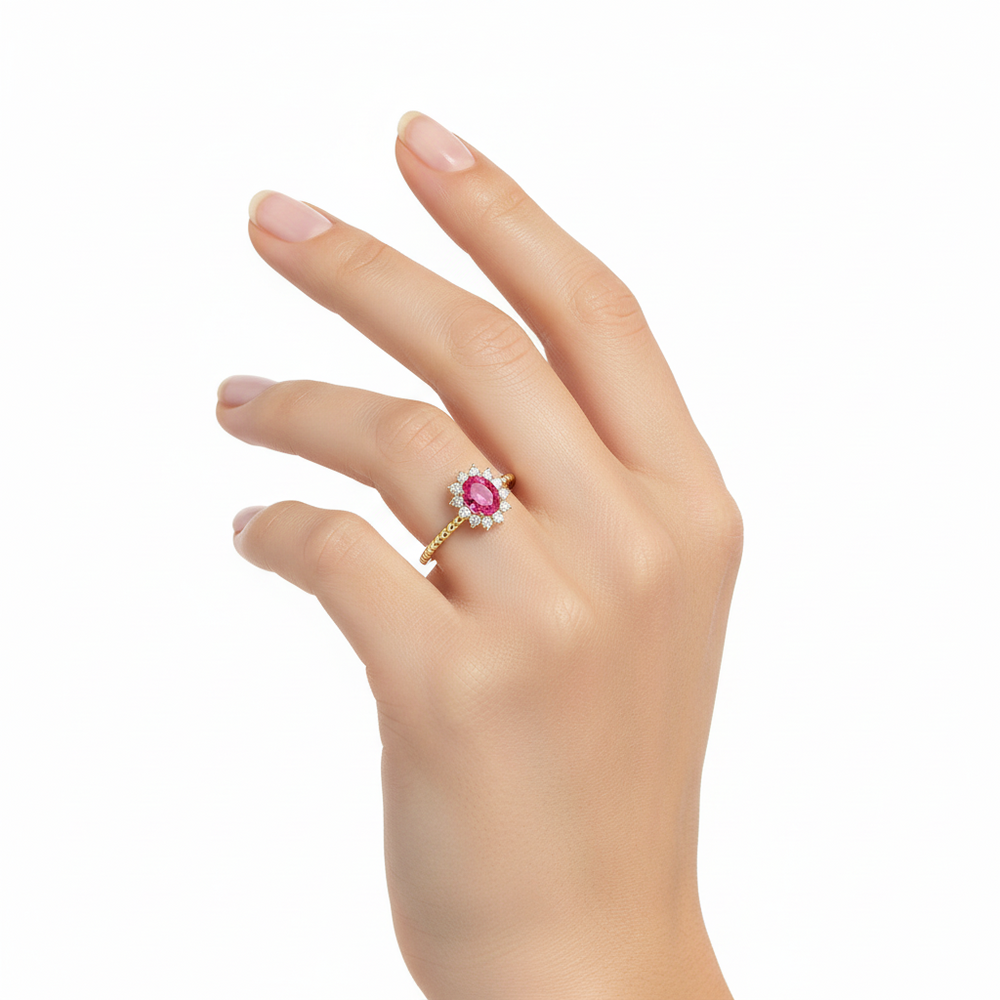 18K Yellow Gold Ruby & Natural Diamond Halo Engagement Ring