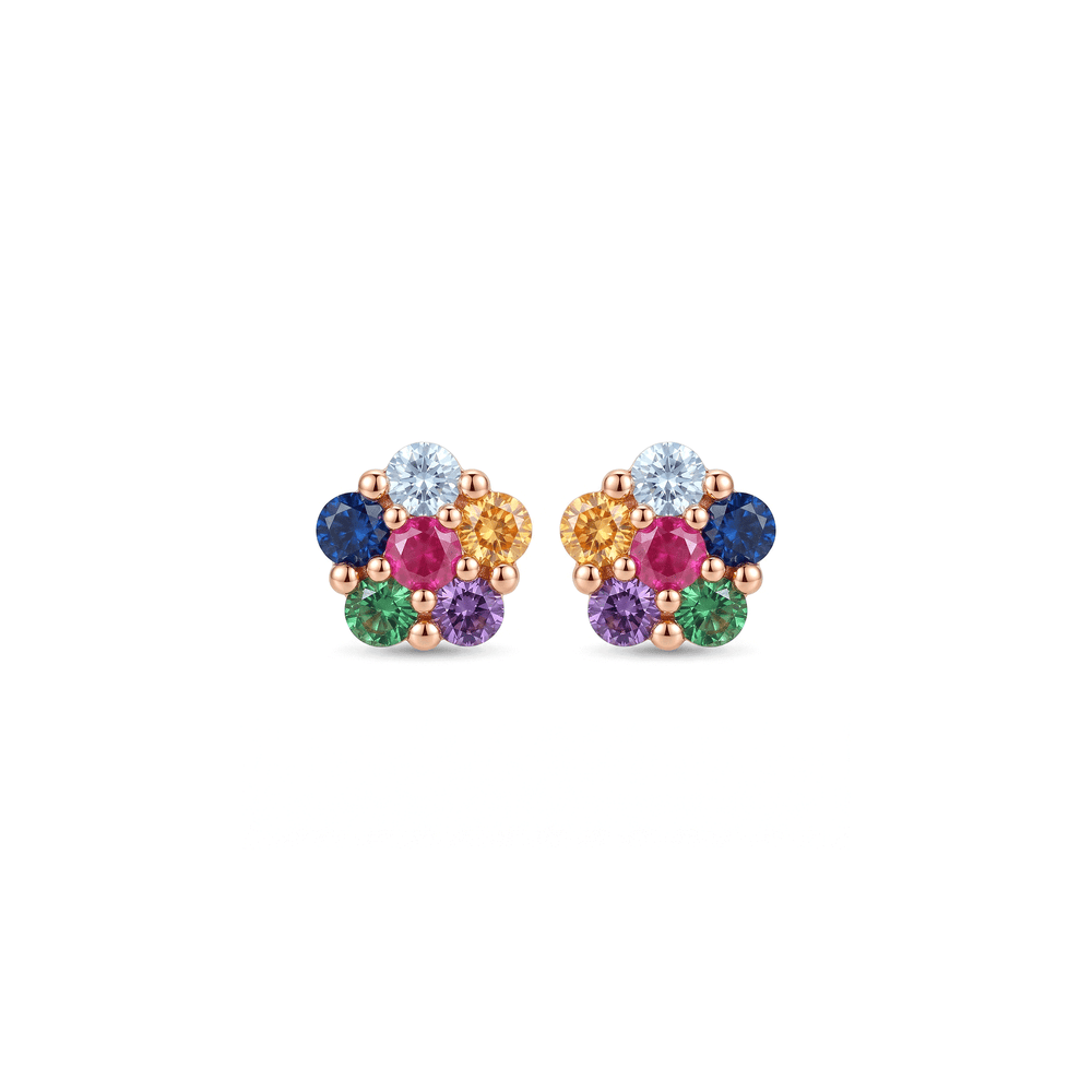 18K Yellow Gold Rainbow Petal Cluster Studs Earrings