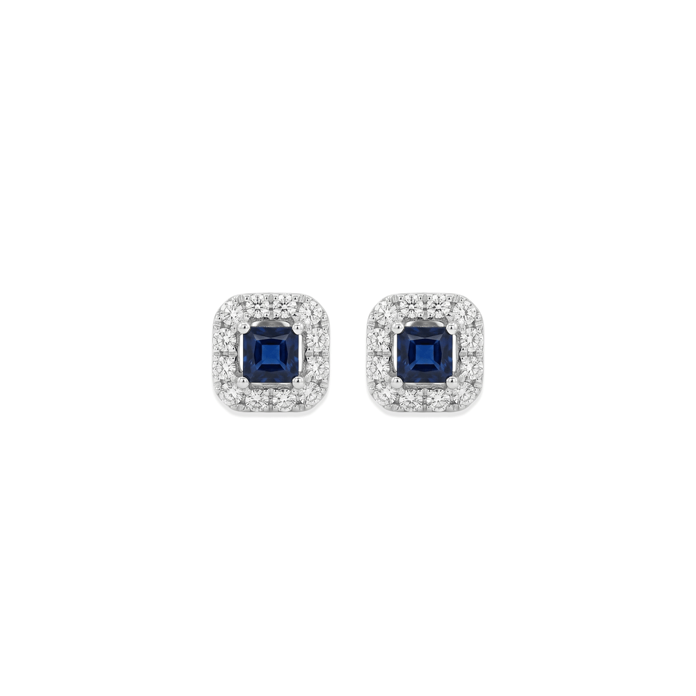 18K White Gold Sapphire Radiance Square Halo Studs Earrings