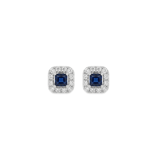 18K White Gold Sapphire Radiance Square Halo Studs Earrings
