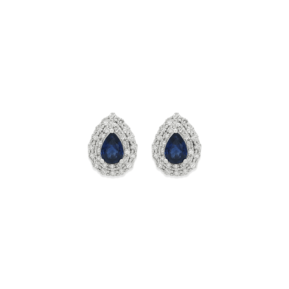18K White Gold Sapphire Halo Elegance Stud Earrings with Natural Diamonds