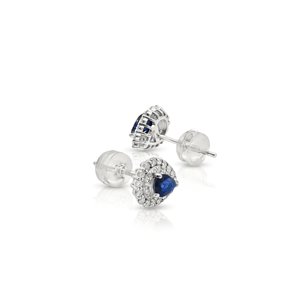 18K White Gold Sapphire Halo Elegance Stud Earrings with Natural Diamonds