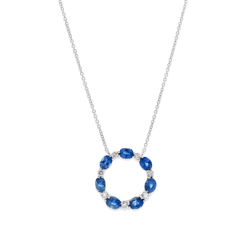 18k White Gold Blue Sapphire & Diamond Circle Pendant Necklace