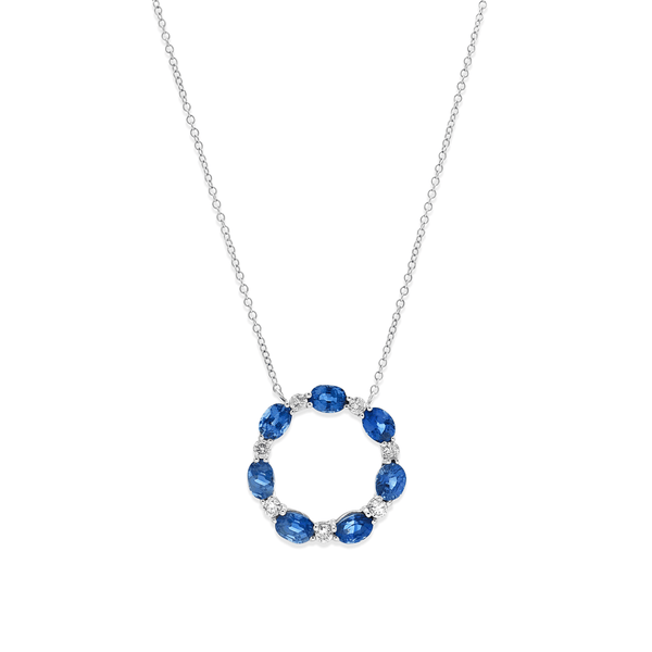 18k White Gold Blue Sapphire & Diamond Circle Pendant Necklace