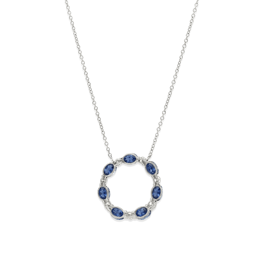 18k White Gold Blue Sapphire & Diamond Circle Pendant Necklace