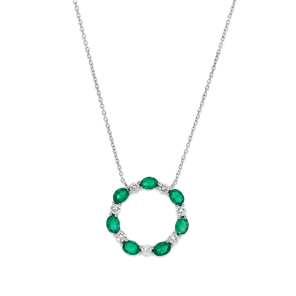 18K White Gold Emerald & Natural Diamond Pendant Necklace for Women