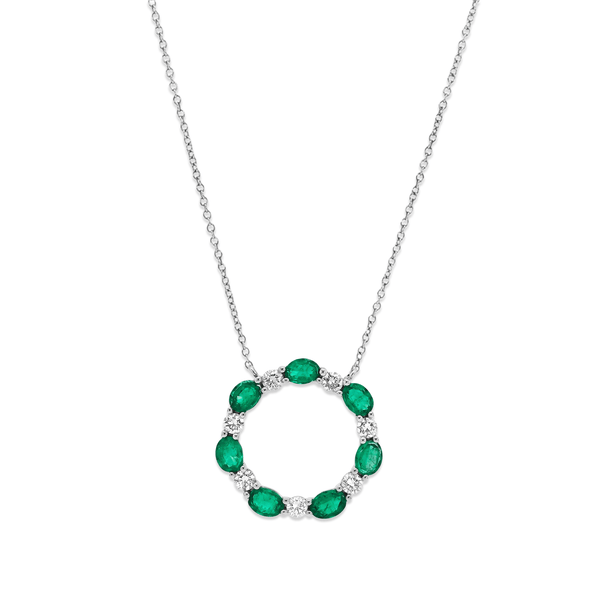 18K White Gold Emerald & Natural Diamond Pendant Necklace for Women
