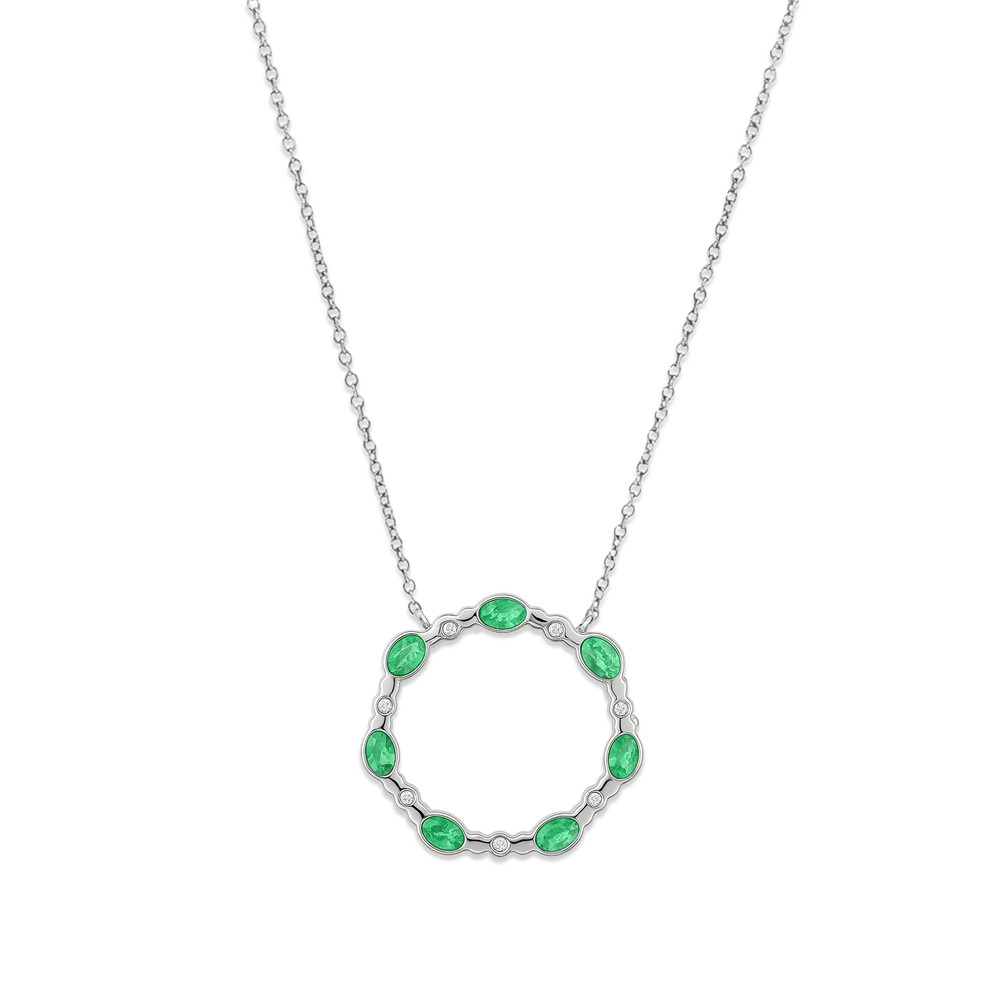 18K White Gold Emerald & Natural Diamond Pendant Necklace for Women