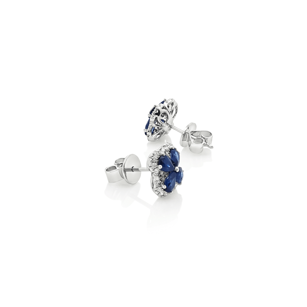 18K White Gold Sapphire Blossom Diamond Stud Earrings