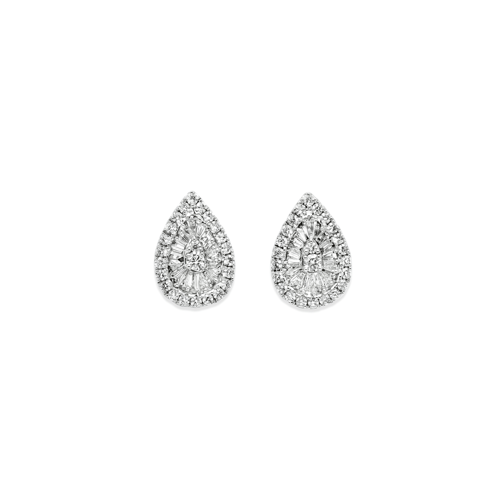 Natural Diamond Radiant Teardrop Halo Diamond Stud Earrings in 18K White Gold