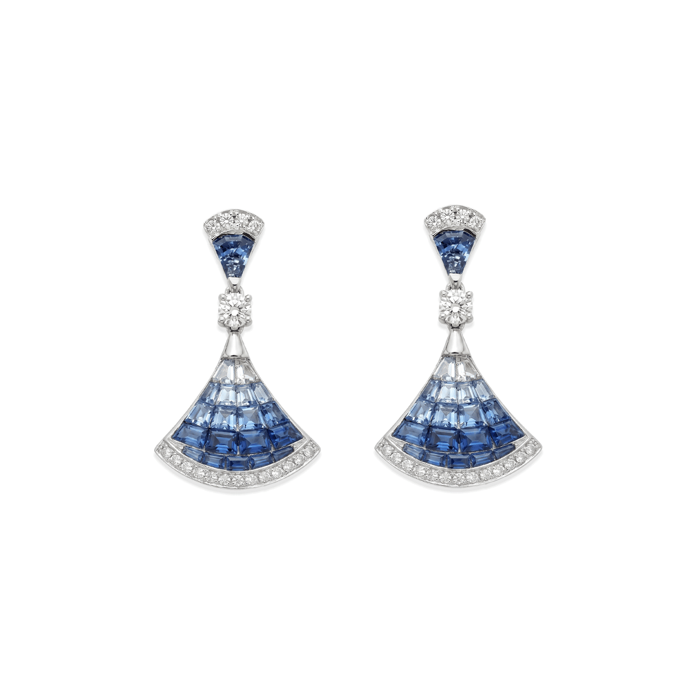18K White Gold Imperial Sapphire Fan Drops Earrings with Natural Diamonds