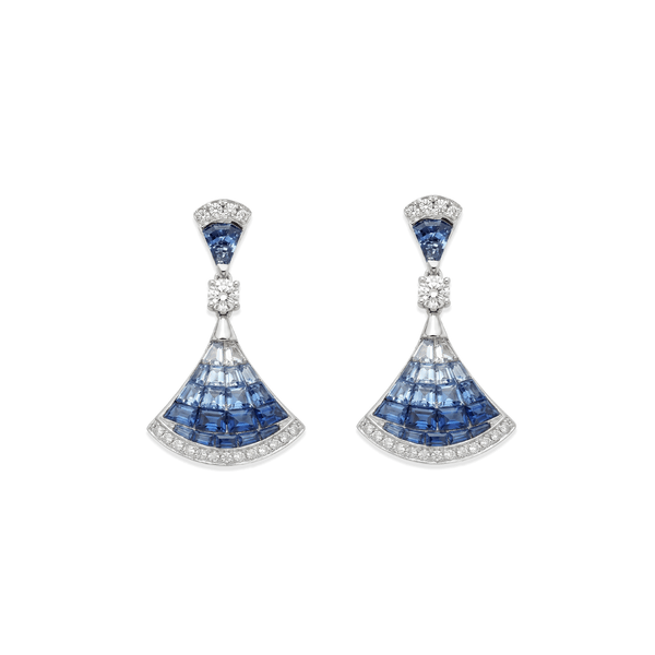 18K White Gold Imperial Sapphire Fan Drops Earrings with Natural Diamonds