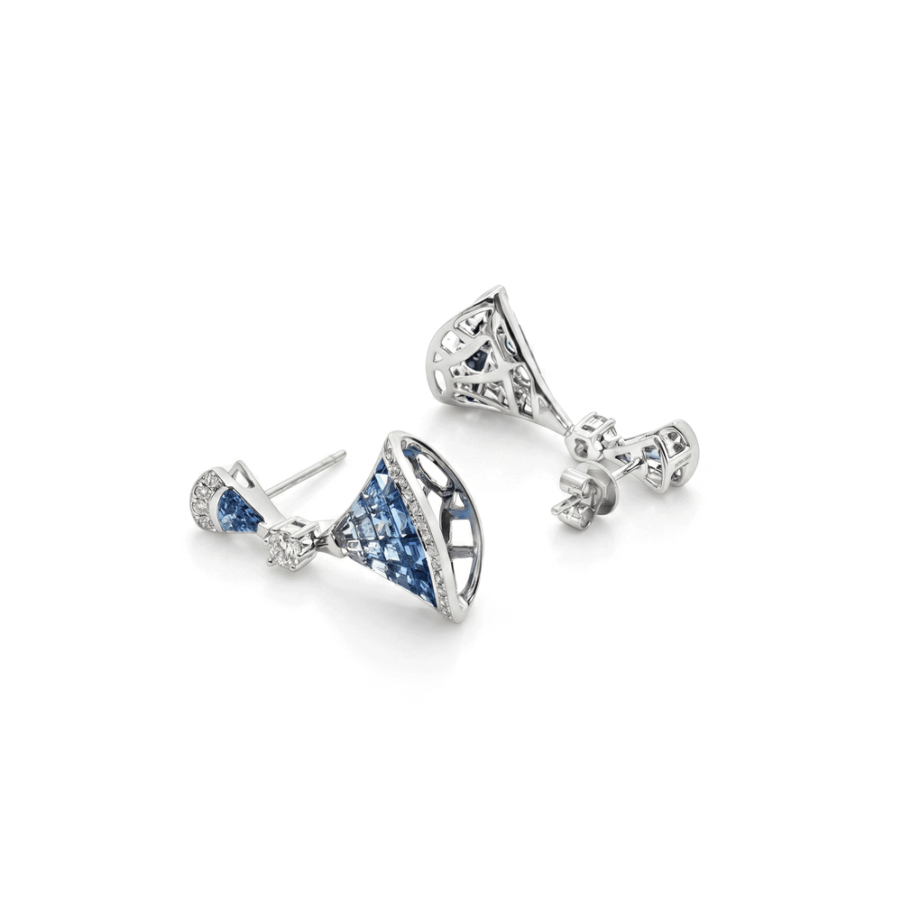 18K White Gold Imperial Sapphire Fan Drops Earrings with Natural Diamonds
