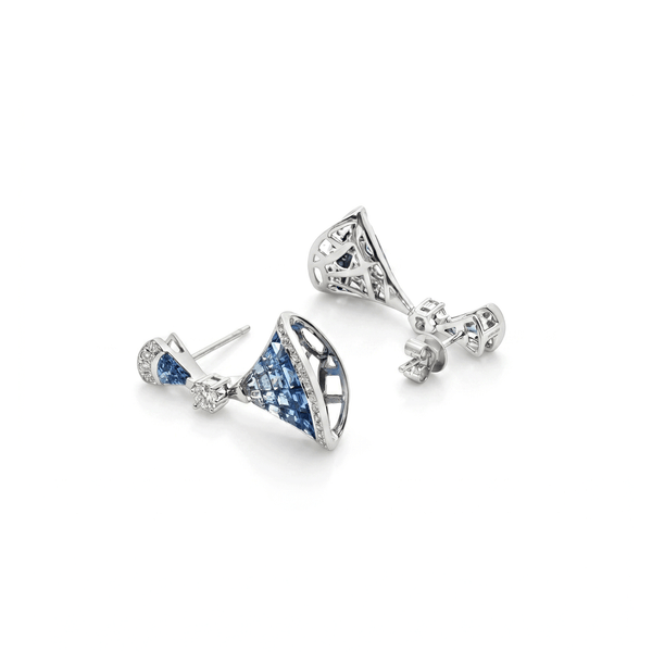 18K White Gold Imperial Sapphire Fan Drops Earrings with Natural Diamonds hover