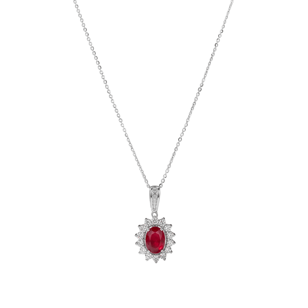 18K White Gold Oval Red Gem Diamond Halo Pendant Necklace