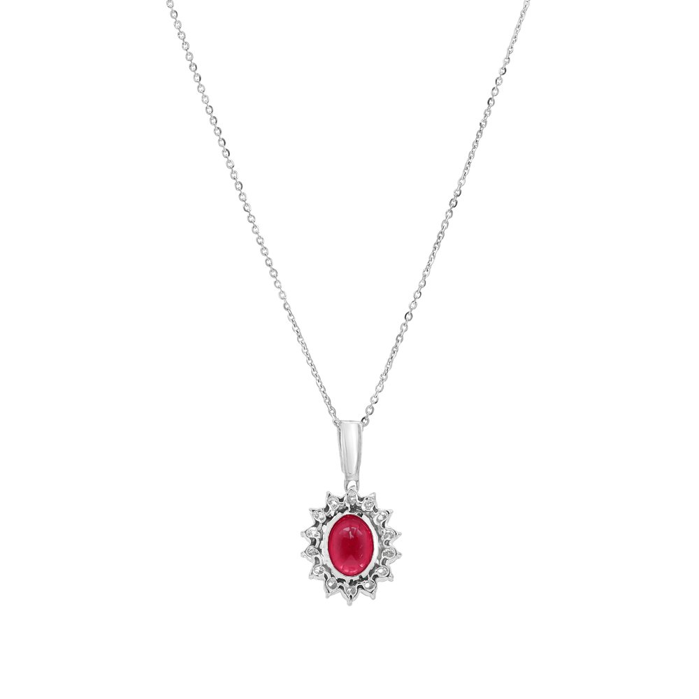 18K White Gold Oval Red Gem Diamond Halo Pendant Necklace