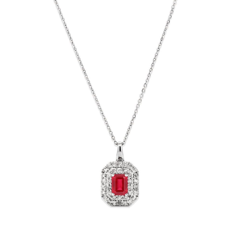 18K White Gold Red Radiance Diamond Halo Pendant Necklace