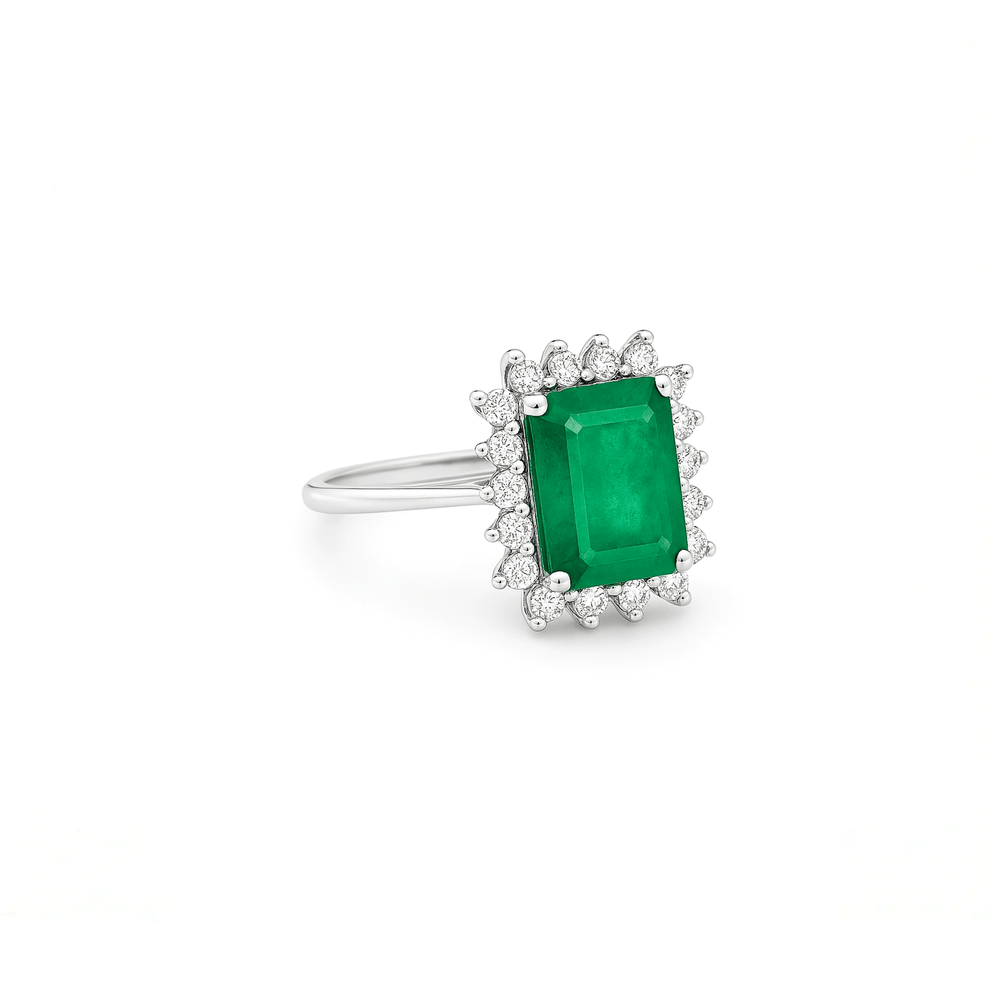 18K White Gold Halo Engagement Ring with Color Stone & Natural Diamonds | Flashy Jewellery