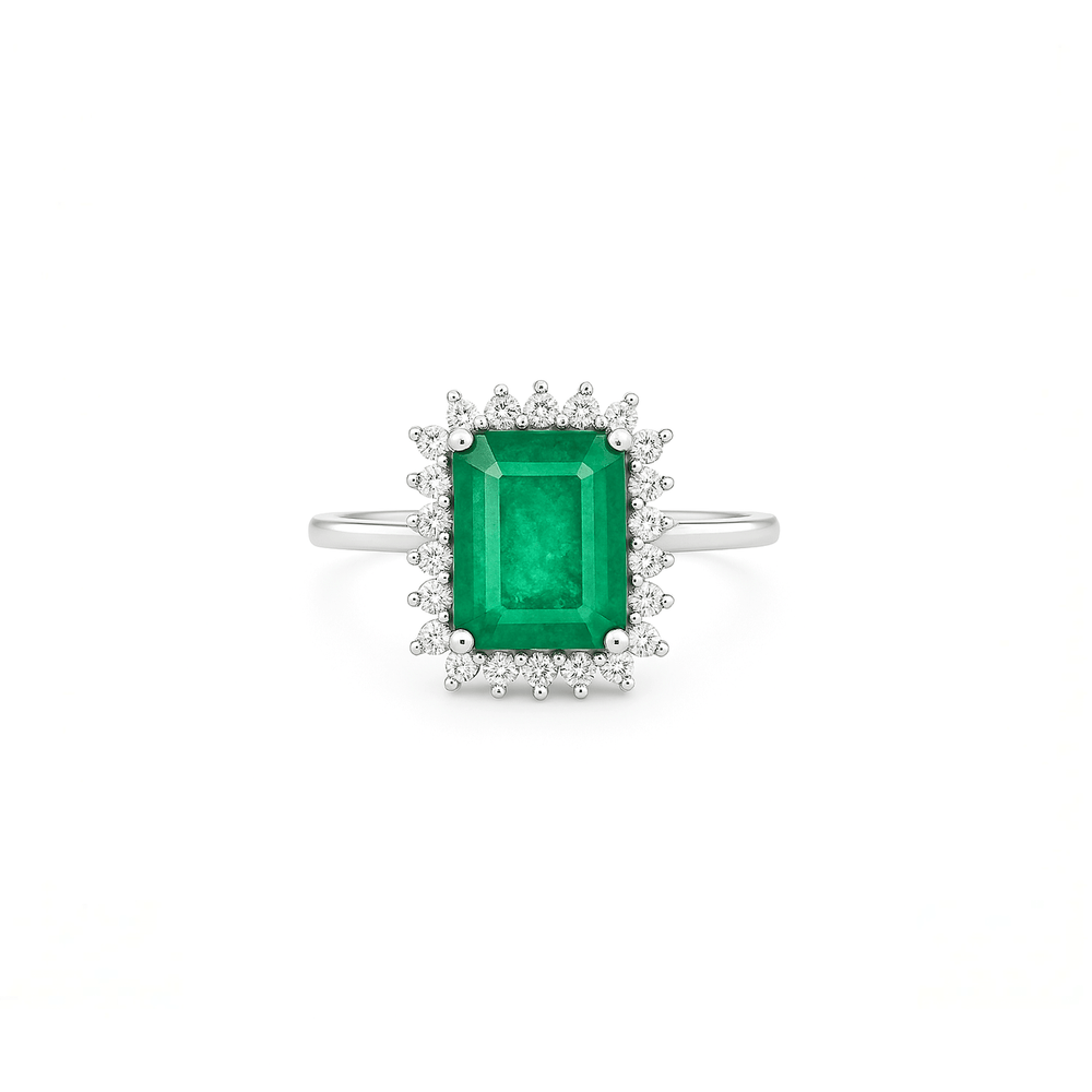 18K White Gold Halo Engagement Ring with Color Stone & Natural Diamonds | Flashy Jewellery