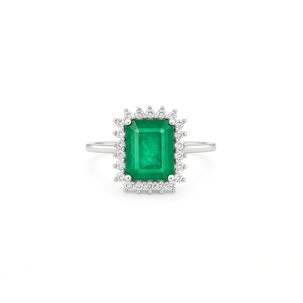 18K White Gold Halo Engagement Ring with Color Stone & Natural Diamonds | Flashy Jewellery