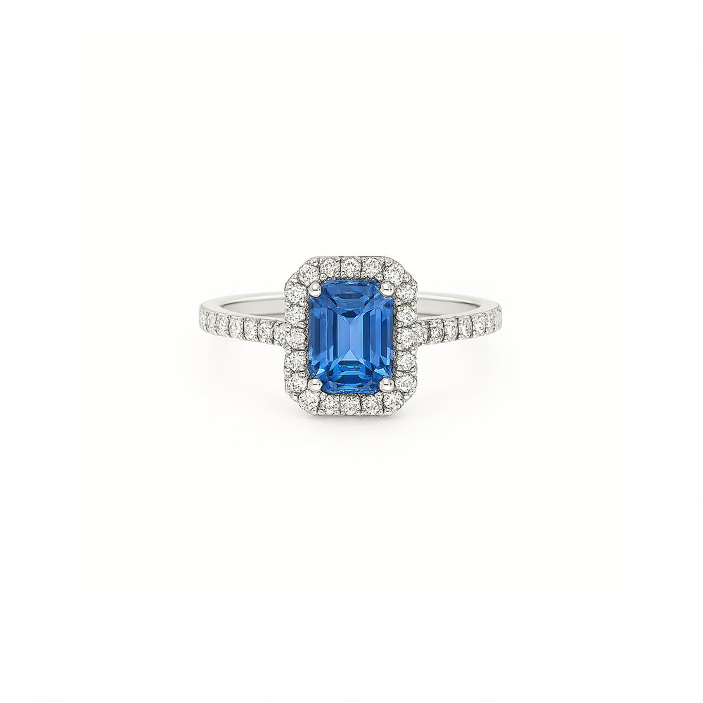 18K Platinum Halo Engagement Ring with Sapphire & Diamonds