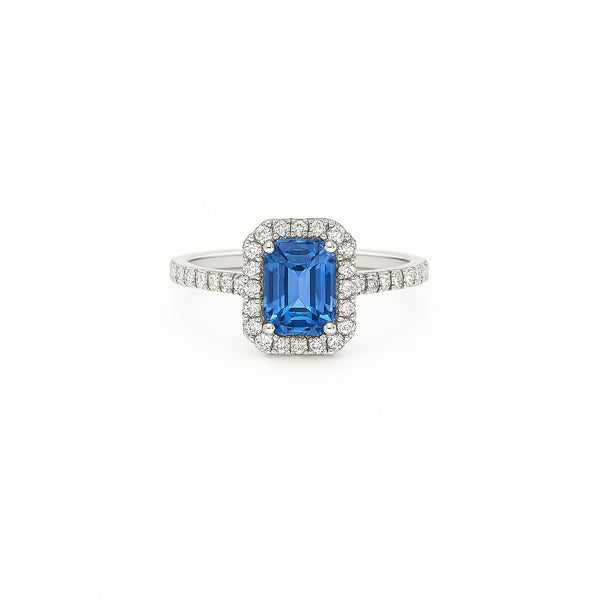 18K Platinum Halo Engagement Ring with Sapphire & Diamonds