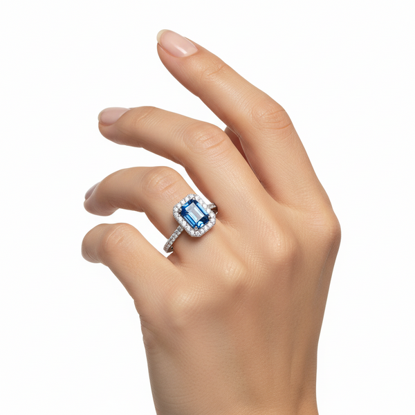 18K Platinum Halo Engagement Ring with Sapphire & Diamonds hover