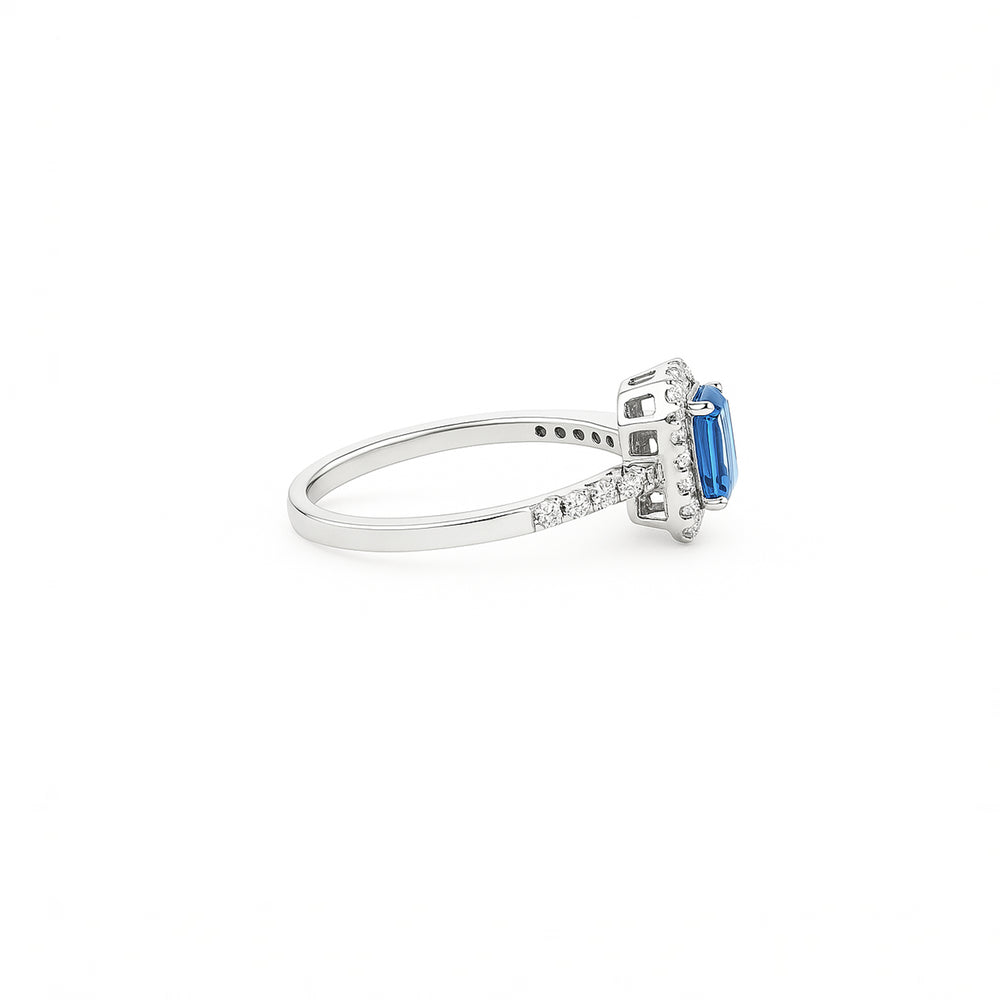 18K Platinum Halo Engagement Ring with Sapphire & Diamonds