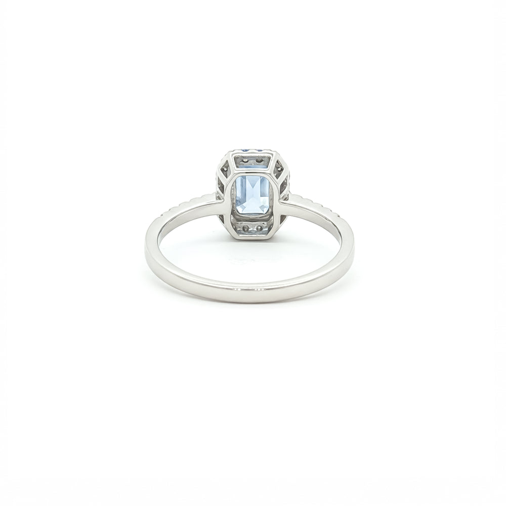18K Platinum Halo Engagement Ring with Sapphire & Diamonds