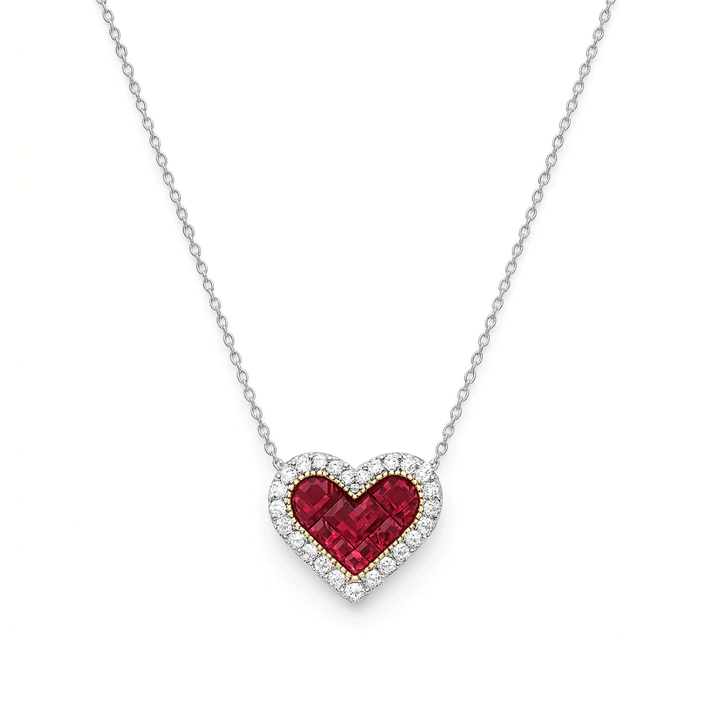 18K White Gold Ruby & Diamond Pendant Necklace | Flashy