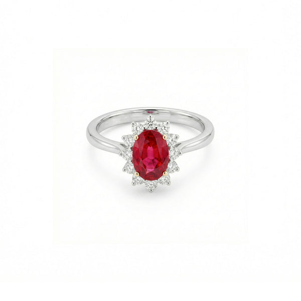 18K White Gold Sapphire & Ruby Diamond Halo Engagement Ring