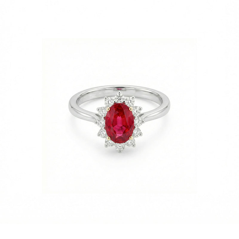 18K White Gold Sapphire & Ruby Diamond Halo Engagement Ring
