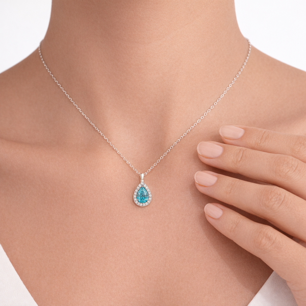 18K Platinium Blue Agate & Natural Diamond Pendant Necklace hover