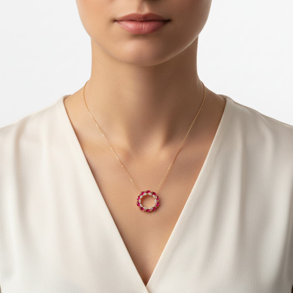 18K Yellow Gold Ruby & Diamond Necklace Pendant