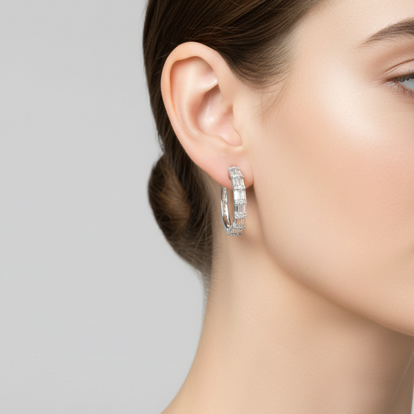 18K White Gold Diamond Hoop Earrings – Modern Baguette Elegance hover