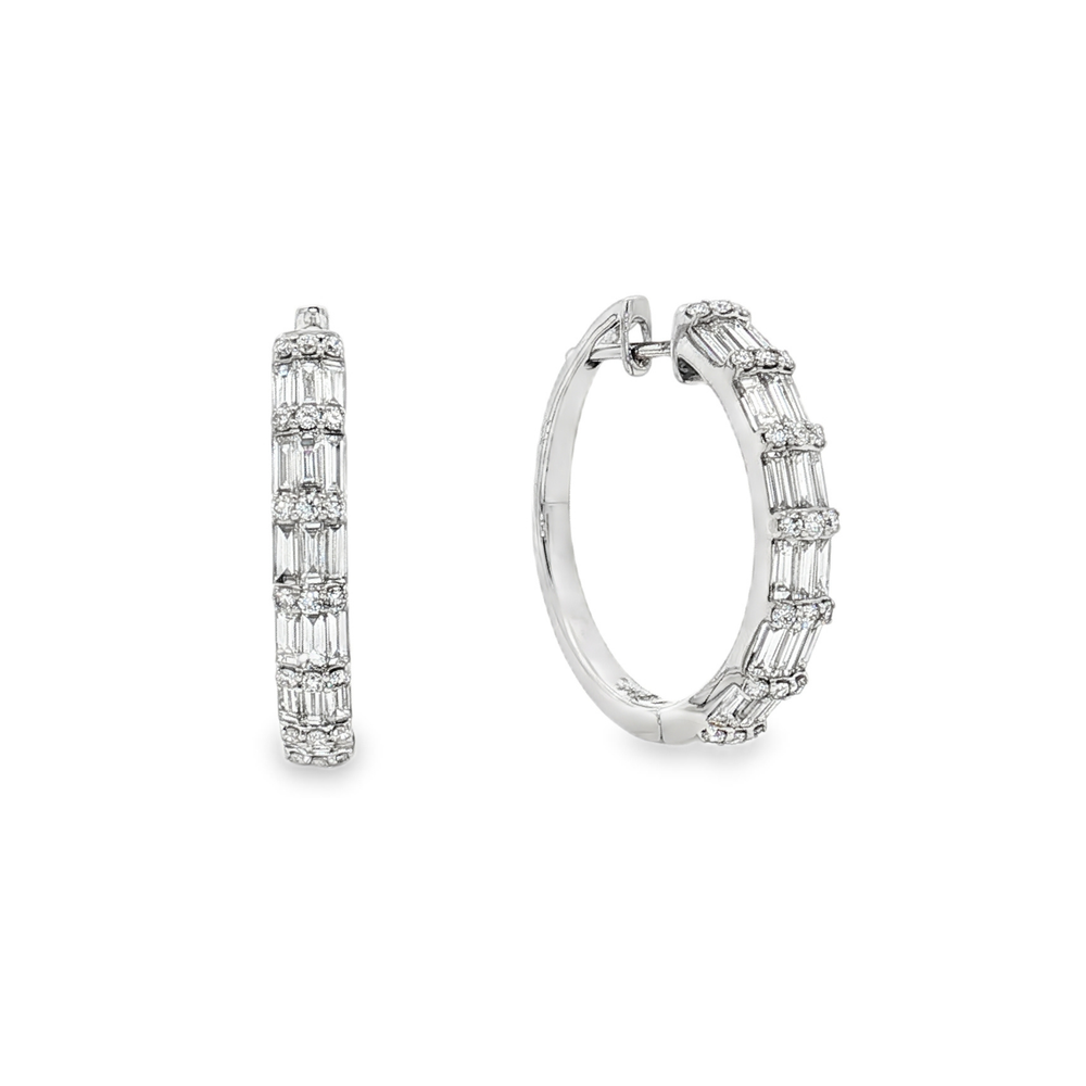 18K White Gold Diamond Hoop Earrings – Modern Baguette Elegance