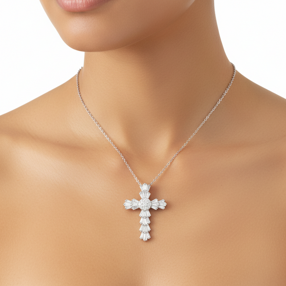 Natural Diamond Cross Pendant in 18K White Gold | Flashy