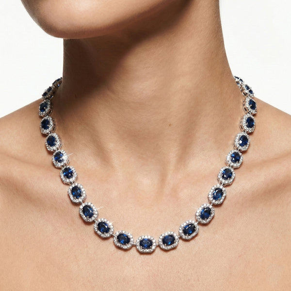 18K White Gold Sapphire Diamond Halo Necklace hover